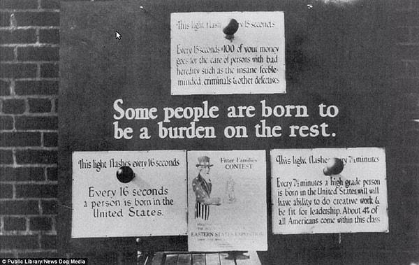 13. Philadelphia eyaletinde sağlıksız insanların üremesinin toplumun diğer kısmına yük olduğunu anlatan bir poster, 1926.