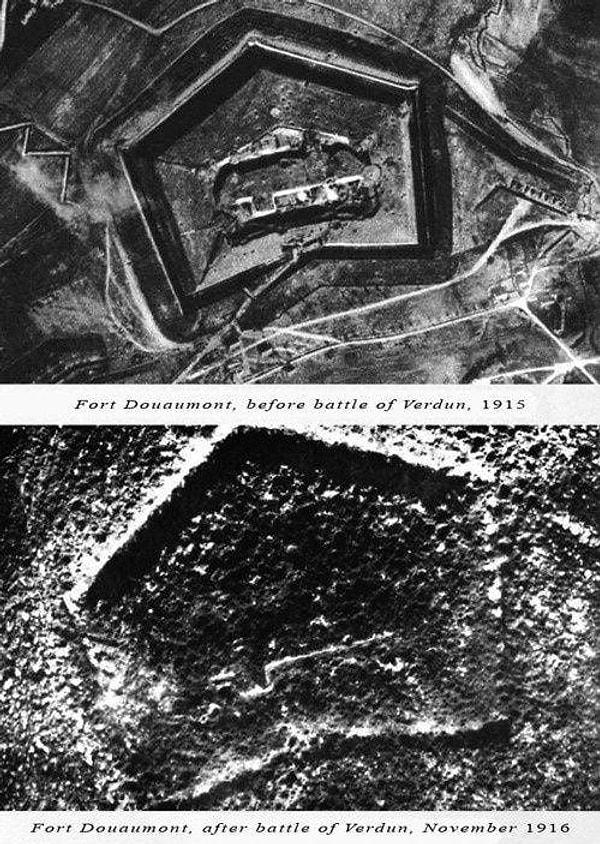 21. 1. Dünya savaşı sırasında Fransa'nın 19 büyük savunma hatlarından biri olan Fort Douaumont'un savaş öncesi ve sonrası değişimi, 1915-16