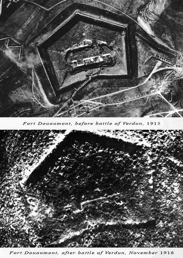 21. 1. Dünya savaşı sırasında Fransa'nın 19 büyük savunma hatlarından biri olan Fort Douaumont'un savaş öncesi ve sonrası değişimi, 1915-16