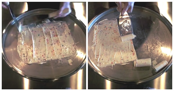 5. Для того, чтобы заполнить тако мороженым, команда Sweet Cup использует все более популярный метод катания мороженого с помощью совка.