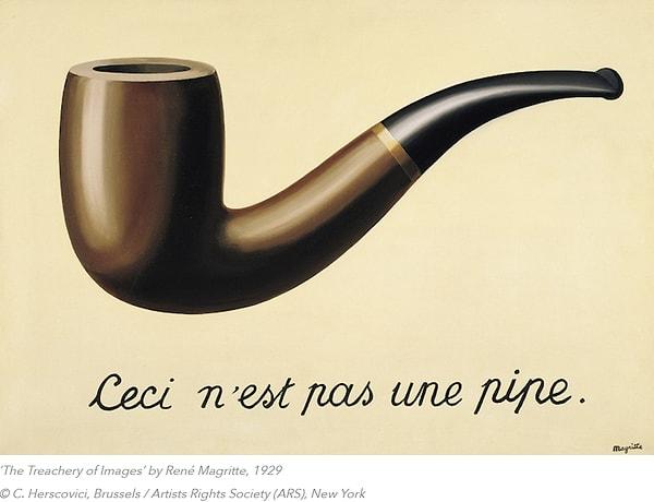 Bu durumun en güzel örneği de sürrealist akımın en önemli temsilcilerinden Rene Magritte'nin "Bu bir pipo değildir." metinli resminde görülebilmektedir.