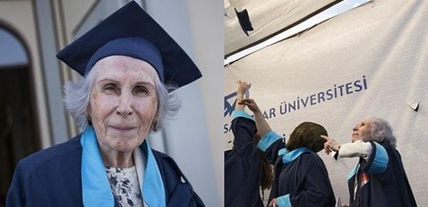 3. 61 yıl sonra afla döndüğü Mimar Sinan Güzel Sanatlar Üniversitesi'nden mezun olan 84 yaşındaki Fatma Mihriban Aktarı.