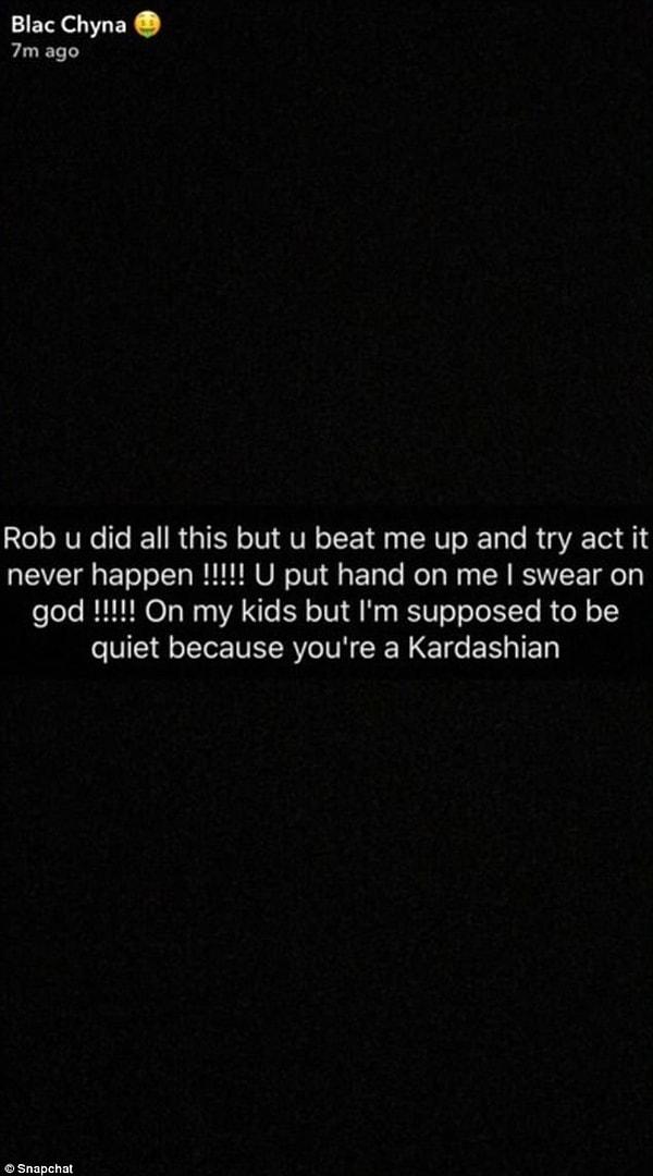 Buna karşılık olarak Blac Chyna Snapchat hikayesinde Rob Kardashian'ın kendisini dövdüğünü iddia etti.