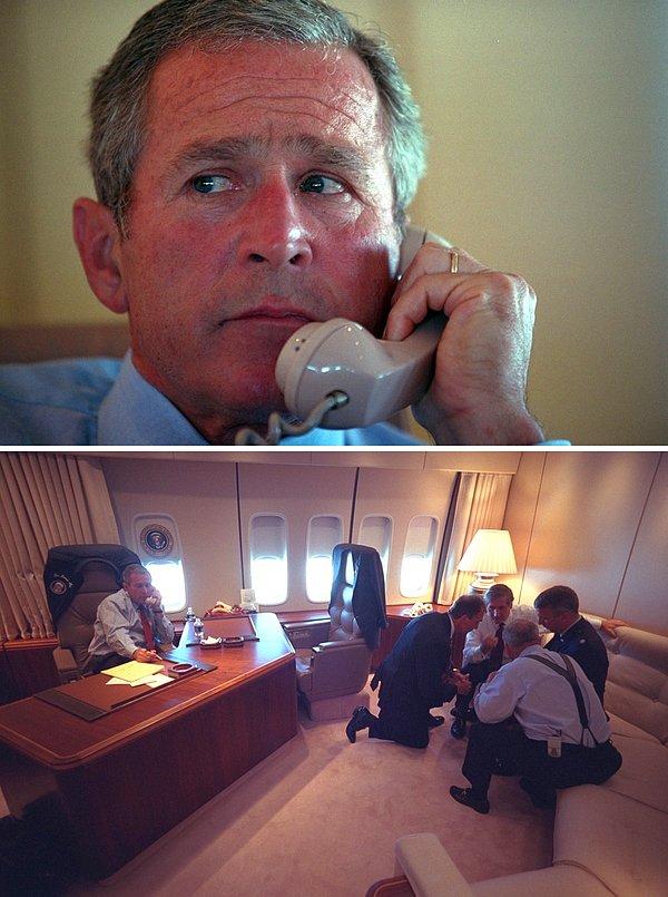 10. George Bush, Sarasota'dan Barksdale Hava Kuvvetleri Üssüne uçuş sırasında, Air Force One'daki bürosundan, personelle telefonda görüşürken.