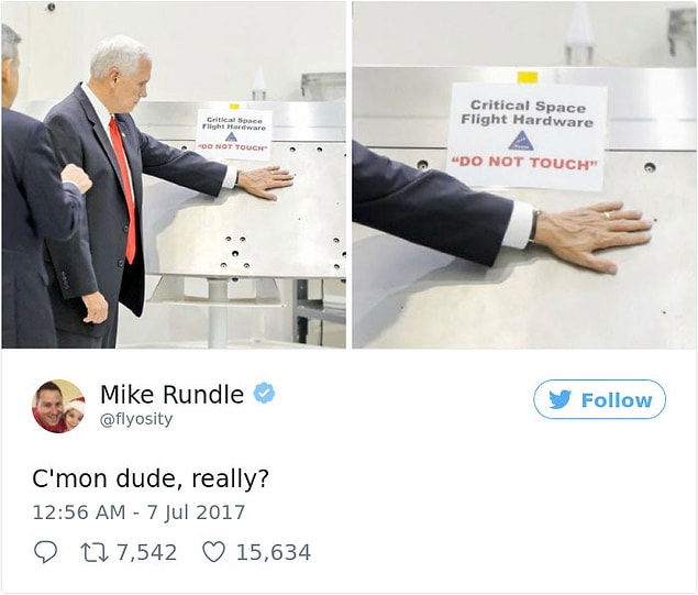 Mike Pence, geçtiğimiz günlerde NASA Uzay Merkezi'ni ziyaret etti. Ziyareti sırasında, 'Hassas uzay uçuşu donanımı, dokunmayın' yazısına rağmen donanıma dokunurken görüntülendi.
