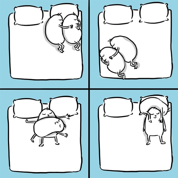 2. Даже если у вас огромная кровать, спите вы примерно так: