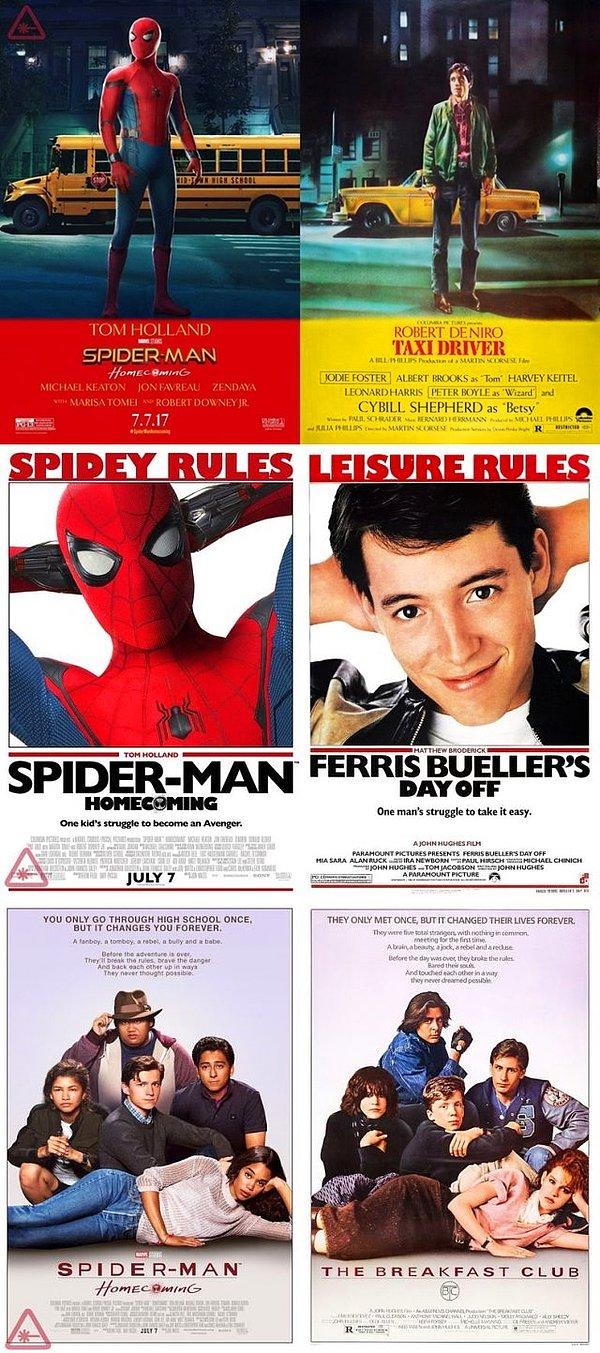 4. Örümcek-Adam: Eve Dönüş filminin retro posterleri yayınlandı;  Taxi Driver, Ferris Bueller's Day Off ve The Breakfast Club filmlerine saygı duruşunda bulunuyor.