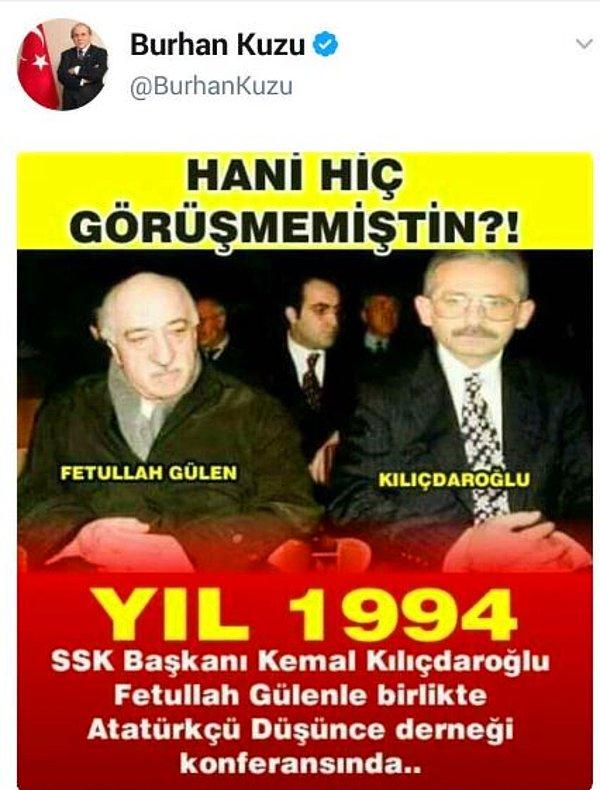 Burhan Kuzu Twitter hesabından Cumhurbaşkanı Erdoğan'ın yerine CHP Genel Başkanı Kılıçdaroğlu'nın montajlandığı bu fotoğrafı paylaştı 👇