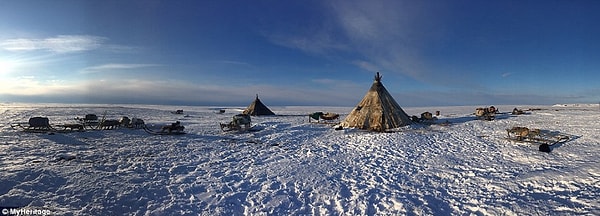 8. Ненецкие семьи следуют за естественными миграциями северных оленей, путешествуя по плоской, мрачной местности и замерзшим водам реки Обь.