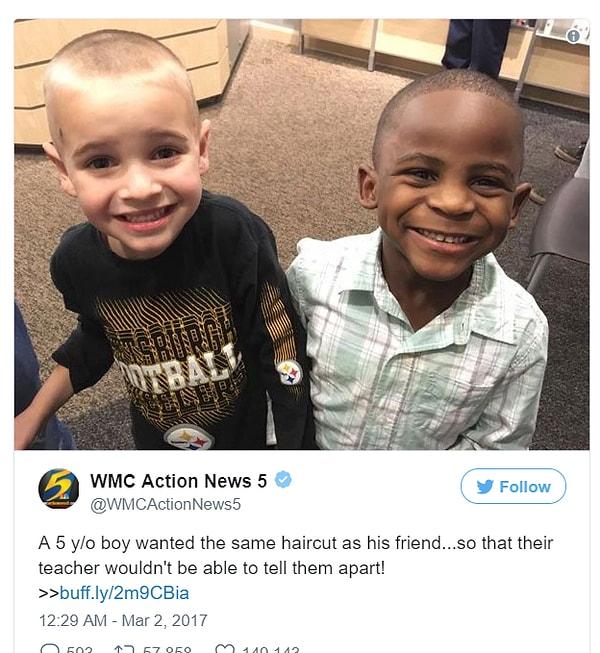 15. "5 yaşındaki bu çocuk, okulda öğretmen onları ayırt edemesin diye arkadaşıyla aynı saç kesimini yaptırmış."
