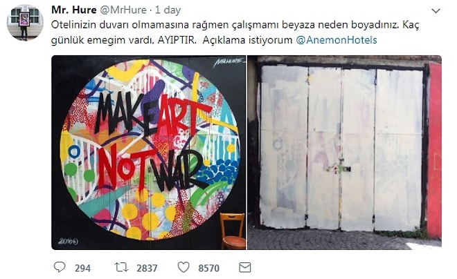 "MAKE ART NOT WAR" grafitisi beyaza boyanarak kapatıldı.