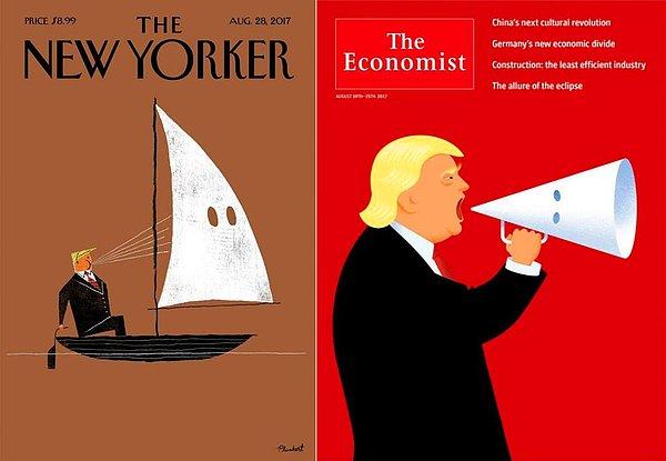 The Economist ve New York dergileri de Charlottesville kentindeki olayla ilgili Trump'ın açıklamalarını eleştiren kapaklar kullanmıştı.