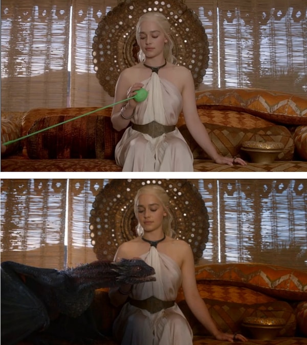 1. Поскольку драконы опасны, а также вымышленны, актеры должны играть сцены с зелеными шариками на палочках