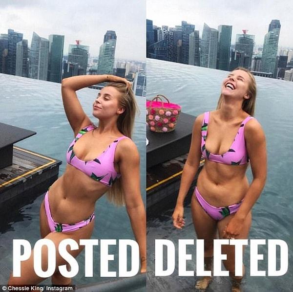 Chessie burada gördüğünüz 'Instagram'da paylaşıldı - silindi' gibi karşılaştırmalı fotoğraflar paylaşarak kadın takipçilerini vücutları konusunda eğitmeyi hedefliyor.