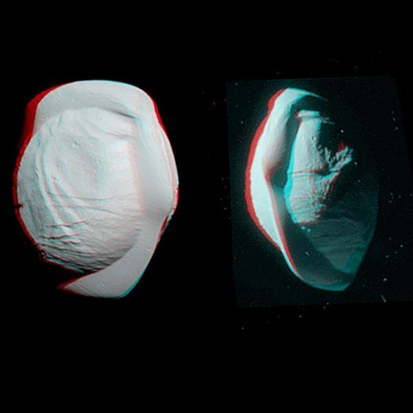 9. Cassini tarafından 2017 yılında çekilen stereo fotoğraflar Satürn'ün küçük ayı Pan'ı detaylı bir şekilde gösteriyor.