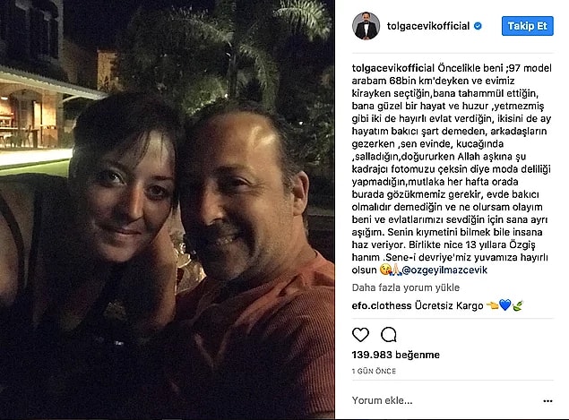 Hatta geçtiğimiz günlerde Tolga Çevik eşi için bir yıldönümü mesajı paylaşmıştı...