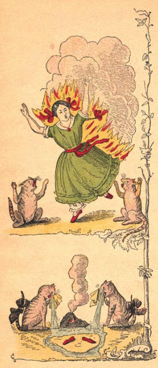 "Kibritlerin Dehşetli Öyküsü"nde küçük bir kız kibritlerle oynuyor ve yanarak ölüyor.