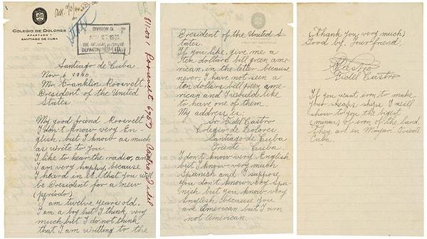 11. Fidel Castro'nun Franklin Roosevelt'e yazdığı ve 10 dolar istediği mektup.