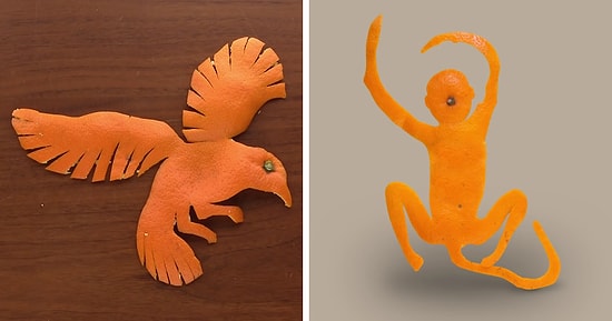Художник вырезает фигуры животных из мандариновой корки