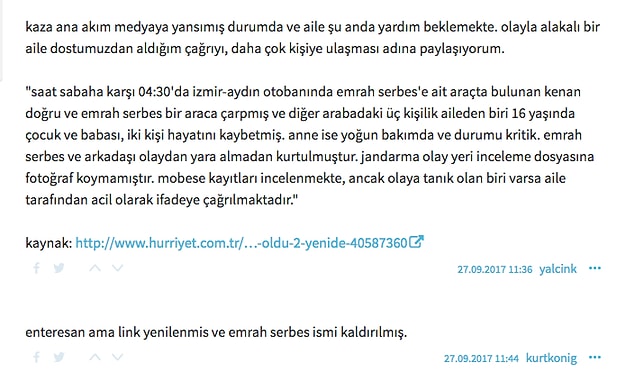 Trafik kazası dün, yani bu itiraftan önce ekşi sözlük'te şu şekilde yer aldı 👇