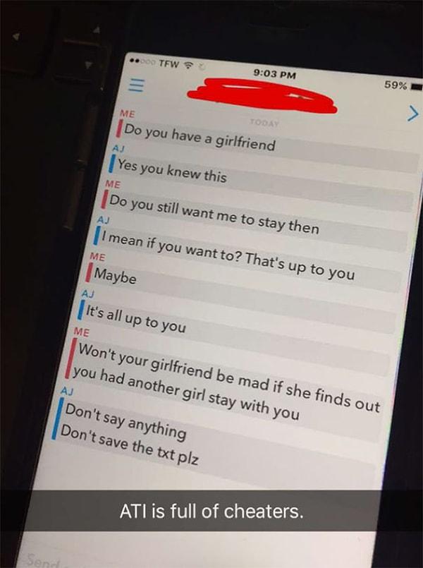 Ohio State Üniversitesi'nde okuyan bir öğrenci sevgilisini aldatan bir erkekten bu mesajları alınca okulun açık grup konuşmasına atmaya karar verdi. 😂