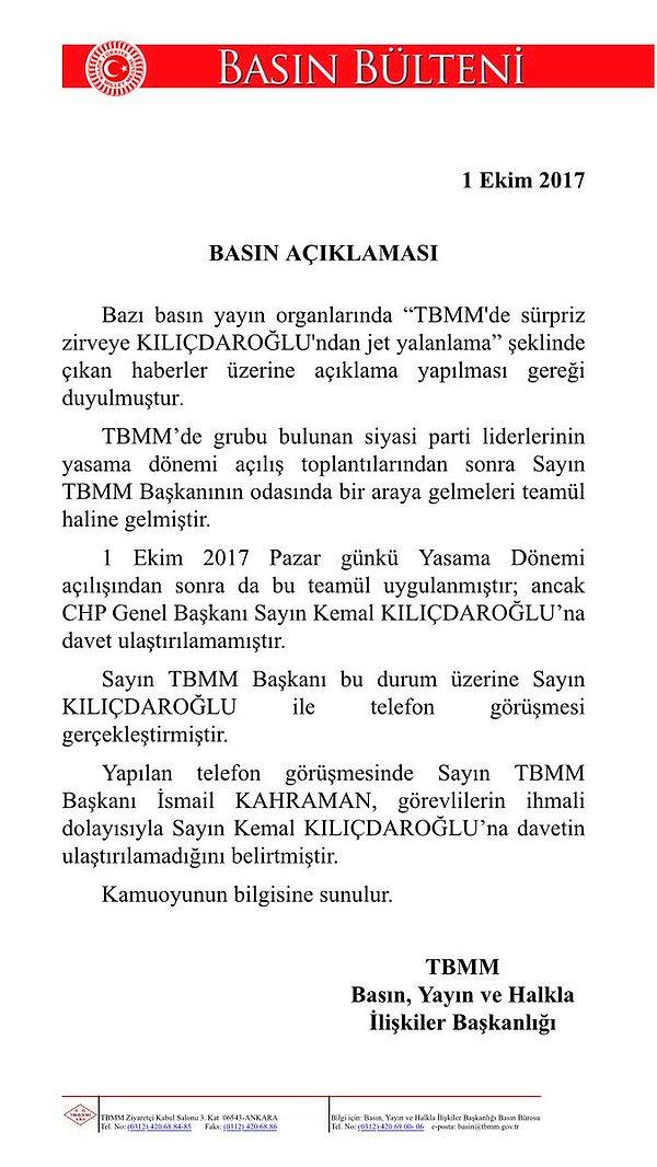Kahraman'ın Kılıçdaroğlu'nu arayarak özür dilediği belirtildi. Ayrıca TBMM Başkanlığı'ndan açıklama geldi: 'Davet ulaştırılamadı'👇