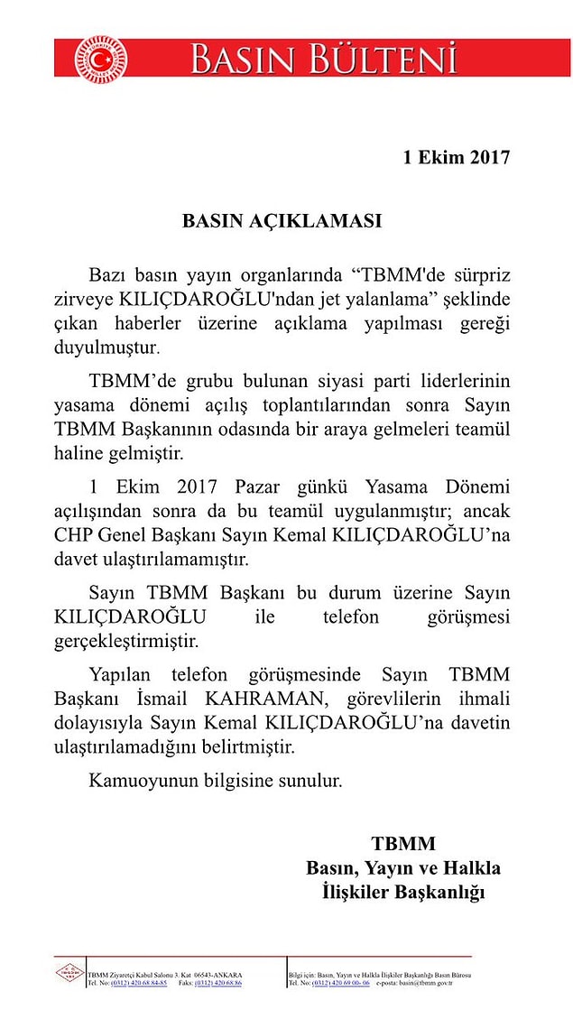 Kahraman'ın Kılıçdaroğlu'nu arayarak özür dilediği belirtildi. Ayrıca TBMM Başkanlığı'ndan açıklama geldi: 'Davet ulaştırılamadı'👇