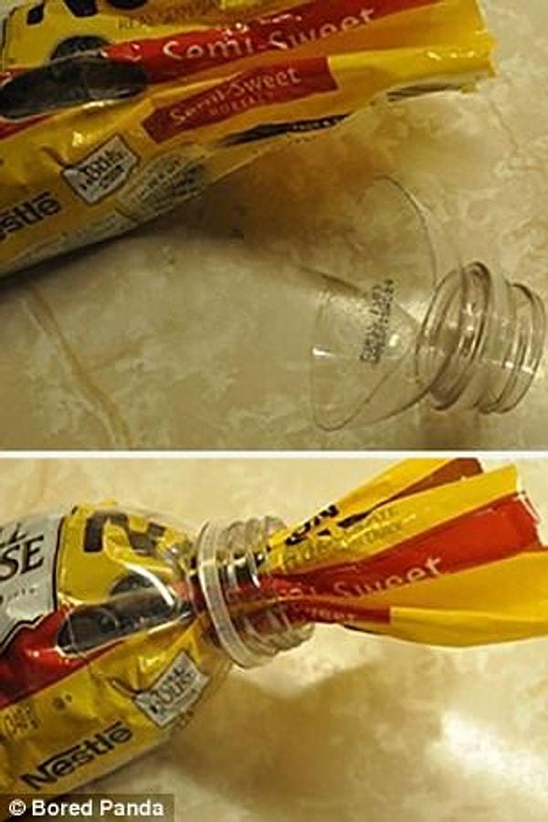 19. Pet şişenin uç kısmını keserek plastik ambalajlı ürünlere kapak yapabilirsiniz.