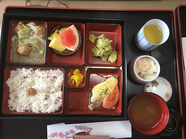 Çipura, makarna salatası, tavuk köfte, daikon (beyaz turp) turşusu, pilav, miso çorbası, chawanmushi, yeşil çay
