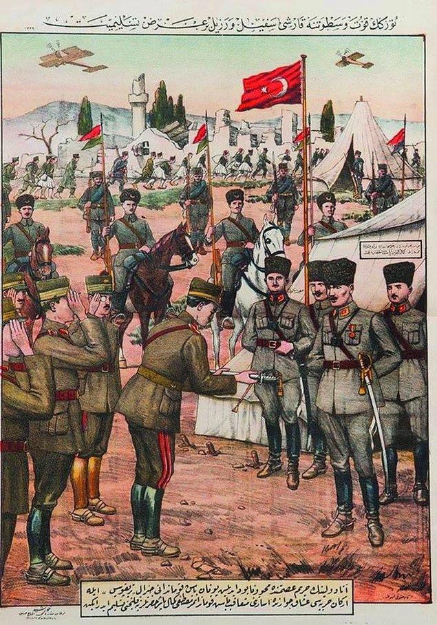 9. Başkomutanlık Meydan Muharebesi'nde esir alınan Yunan orduları başkomutanı Nikolaos Trikupis, kılıcını Mustafa Kemal Paşa'ya teslim ediyor.