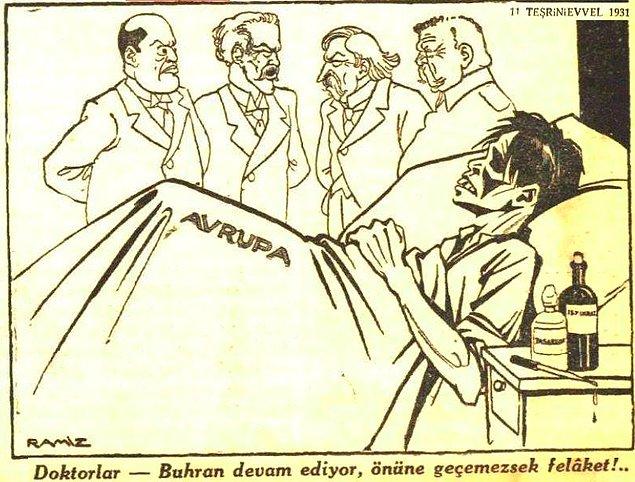 16. 1929 Ekonomik Buhranı sonrası Türkiye'de Avrupa'nın "hasta adam" olarak temsil edildiği bir karikatür.