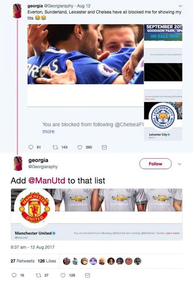 Manchester United, Chelsea, Leicester City, Everton ve Sunderland... Genç kız, bütün bu kulüplerin resmi hesabına memelerinin fotoğrafını yolladı.