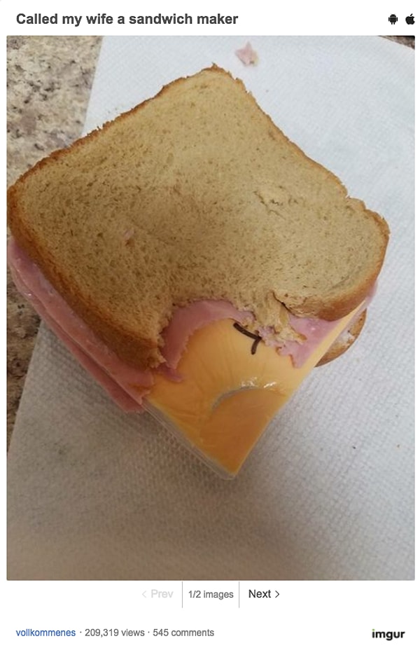 Пользователь портала Imgur с ником "vollkoemmenes" загрузил фотографию реакции своей жены на то, что он считал безобидной шуткой. Он назвал ее «сэндвичмейкером». И, хотя он думал, что его шутка была забавной, эта фотография доказывает, что его жене не было смешно!