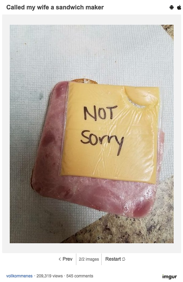Должно быть, она случайно оставила его? Сначала парень тоже так подумал. Но нет! Она сделала это специально! Чтобы показать мужу, что анатомия этого сэндвича неслучайна, она написала жирным шрифтом на упаковке сыра «Мне не жаль». Гениально!