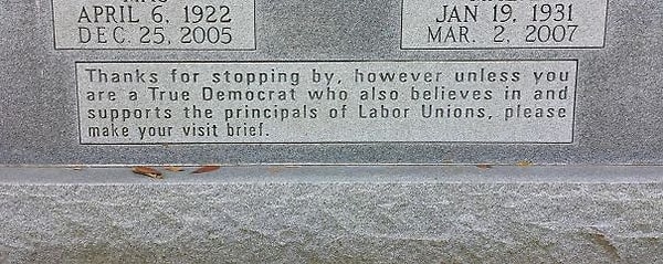 29. «Спасибо, что навестили. Но если вы не истинный демократ, который верит в принципы профсоюзов и поддерживает их, то надолго не задерживайтесь»