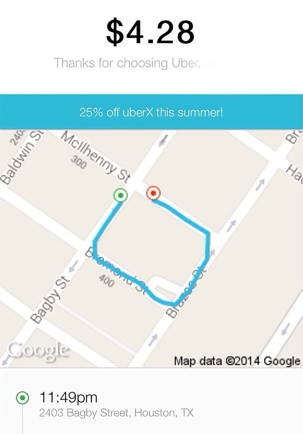 14. «После веселенькой ночи я проснулся и обнаружил свою вчерашную поездку на такси. Спасибо тебе, Uber, что ограбил меня и предоставил подробную карту» 😂😂😂