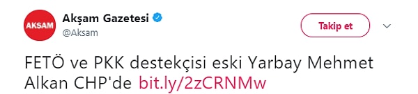 Dün de Akşam gazetesi Twitter'dan yaptığı paylaşım ile Mehmet Alkan hakkında 'terörist' ifadelerini kullandı...