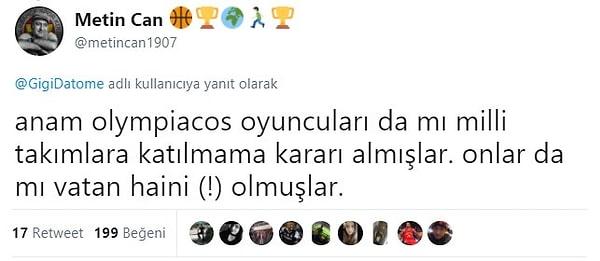 Daha önce Fenerbahçeli Türk basketbolcular da katılmayacaklarını açıklamışlardı. Buna istinaden bir taraftar ise ironi yaparak paylaşımın altına "Olympiakos'lu oyuncular da mı milli takımlara gitmeyeceklerini açıklamışlar! Onlar da mı vatan haini (!) olmuşlar." yazdı.