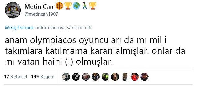 Daha önce Fenerbahçeli Türk basketbolcular da katılmayacaklarını açıklamışlardı. Buna istinaden bir taraftar ise ironi yaparak paylaşımın altına "Olympiakos'lu oyuncular da mı milli takımlara gitmeyeceklerini açıklamışlar! Onlar da mı vatan haini (!) olmuşlar." yazdı.