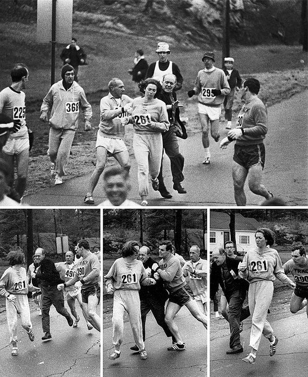 5. Organizatör Jock Semple koşan bir kadın gördüğünde onu durdurmayı denedi. Tutmaya çalıştığı Kathrine Switzer; Boston Maratonu'nu koşan ilk kadındı.