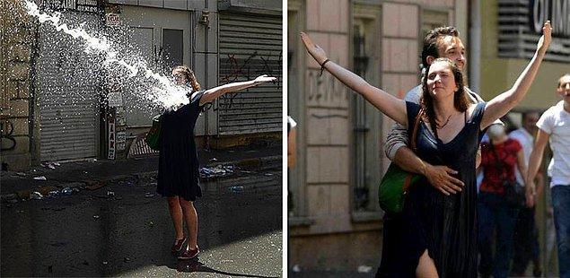 1. Gezi Parkı eylemlerinde TOMA'nın karşısında kollarını açarak tazyikli suya göğüs geren Kate Cullen