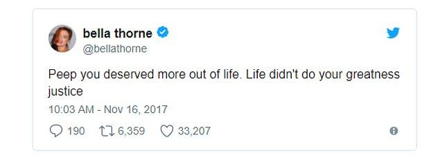 Eski sevgilisi Bella Thorne da  Peep için ''Sen bu hayattan daha fazlasına layıksın. Hayat sana adaletli olmadı.'' tweetini paylaştı.