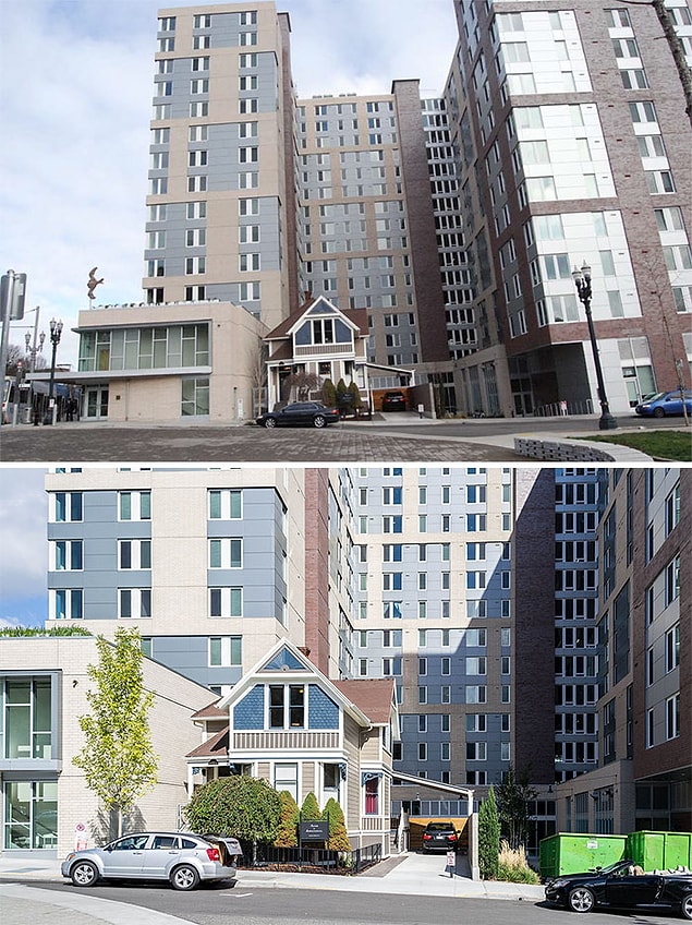 9. Randal Acker, minik Kraliçe Anne Victoria tarzı evini satmayı reddedince, etrafına koca Portland State Üniversitesi'ne ait yurdu inşa ettiler.