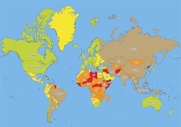 İlk harita gezginlerin hangi ülkede sağlıklarını ne kadar riske attıklarını gösteriyor.