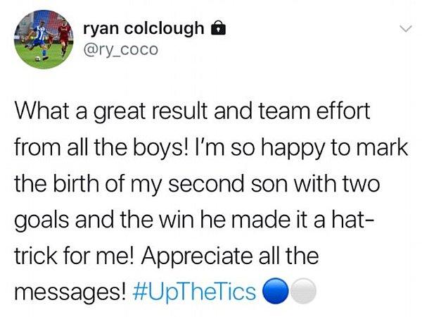 Ryan Colclough ise sevincini böyle paylaştı: "Hem iki gol atıp, hem galibiyet alıp, hem de ikinci oğlumun doğumuna yetiştiğim için çok mutluyum. Oğlumla beraber hat-trick yapmış oldum."