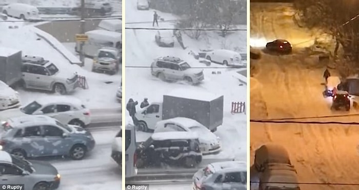 Yoğun Kar Yağışı Sonrası Rusya'da Araçların İnip Çıkmakta Zorlandıkları Yokuş