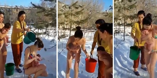 Rusya'da Anneler, Bebeklerini Soğuk Havaya Buz Gibi Suyla Alıştırıyorlar!