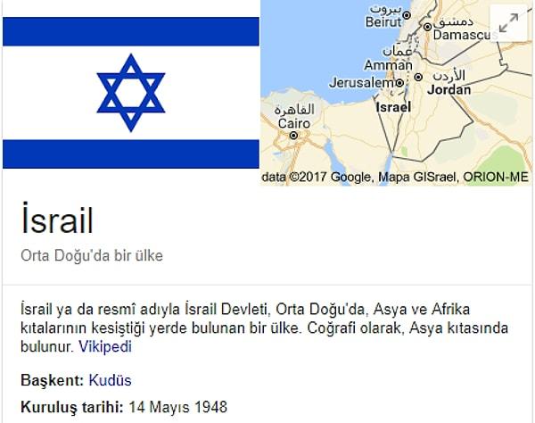 Kararın ardından Google da İsrail'in başkentini Kudüs olarak göstermeye başladı.