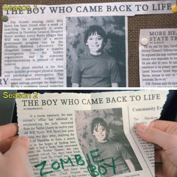 17. 1. sezonda Will'in bulunduğunu anlatan gazete haberi, 2. sezondakinden farklı.