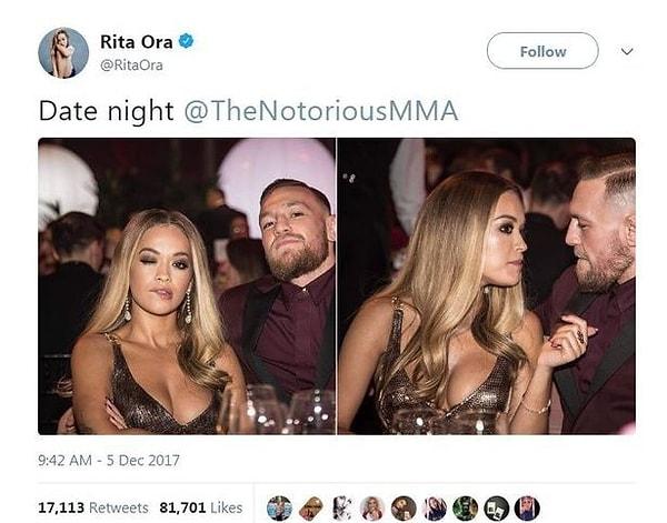 Ünlü dövüşçü Conor McGregor'ın kendisine eşlik ettiği geceden fotoğrafları, "Date night" yani randevu gecesi olarak paylaştı.